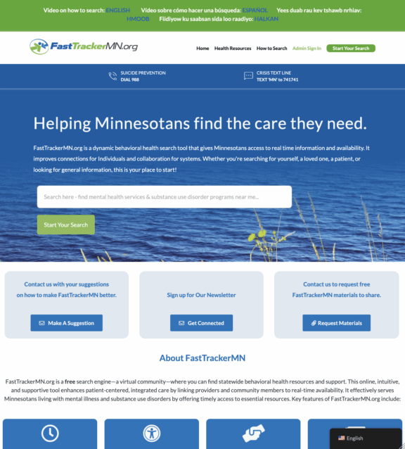 Screenshot of Fast Tracker MN Substance Use Disorder Resources webpage